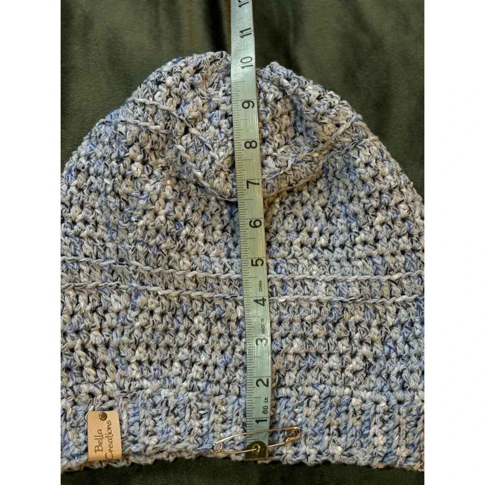 Handmade Crocheted Knit Slouchy Beanie Blue/Green Adult Sz‎ Logo Bella Creations